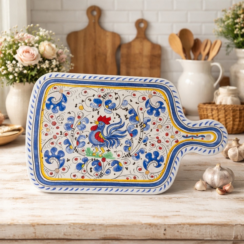 Le Cadeaux Blue Rooster Melamine Cutting Cheese Board Charcuterie Serving Handle
